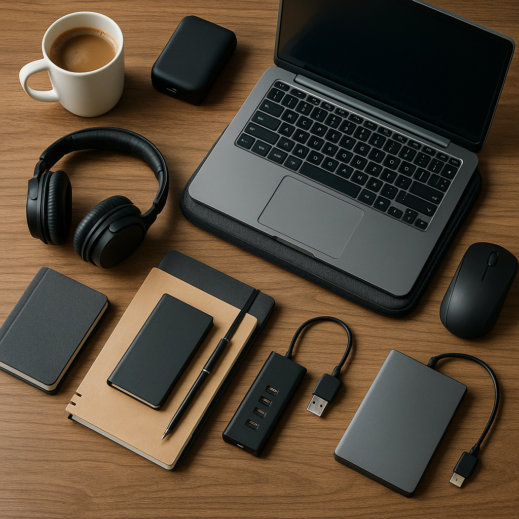 A minimalist student workspace featuring a laptop in a dark gray sleeve, wireless mouse, headphones, notebooks, a coffee mug, power bank, USB hub, and external hard drive neatly arranged on a wooden desk.