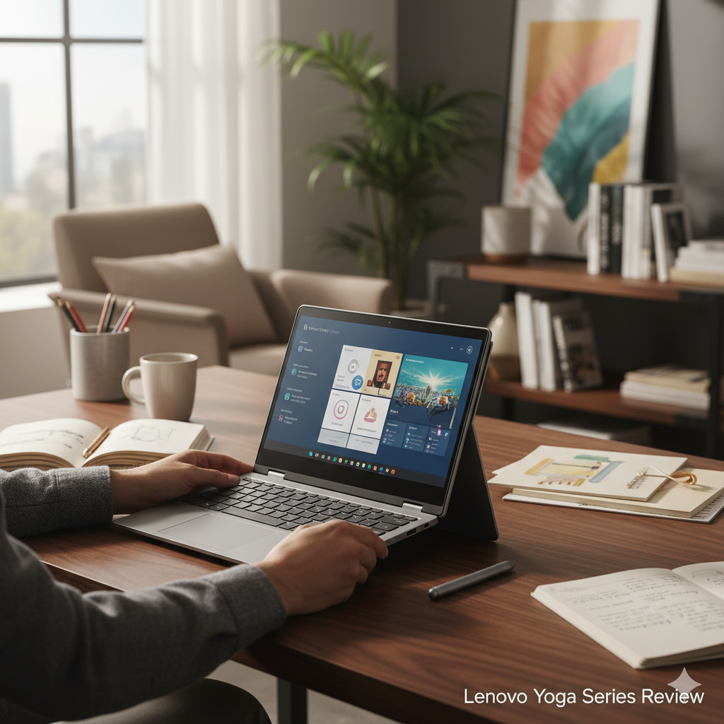 Editorial lifestyle shot of a Lenovo Yoga 2-in-1 laptop in laptop mode on a wooden desk, a person’s hands on the keyboard with a Windows 11 dashboard on screen; a stylus, notebook and coffee mug nearby in a bright home-office with bookshelves and a plant—image used for a Lenovo Yoga Series review.