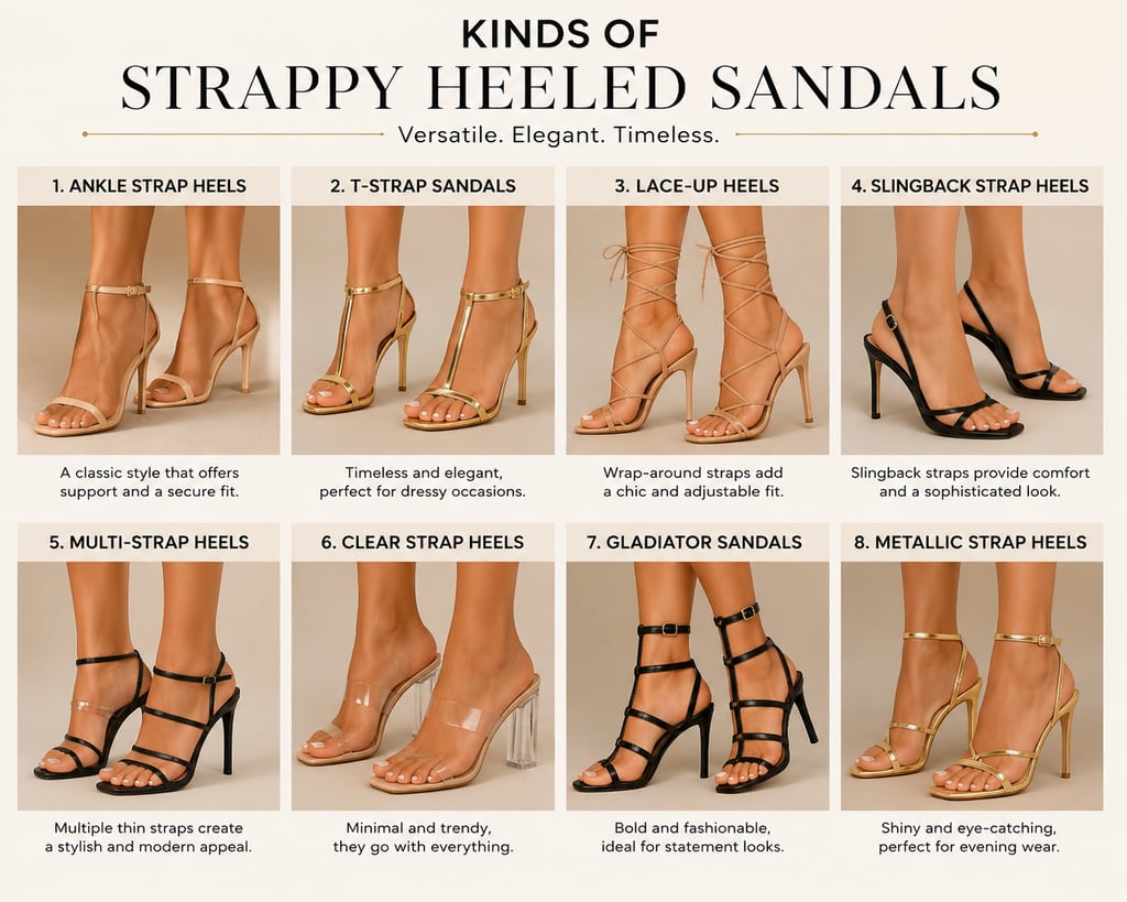 Infographic showing different kinds of strappy heeled sandals including ankle strap heels, T-strap sandals, lace-up heels, slingback strap heels, multi-strap heels, clear strap heels, gladiator sandals, and metallic strap heels