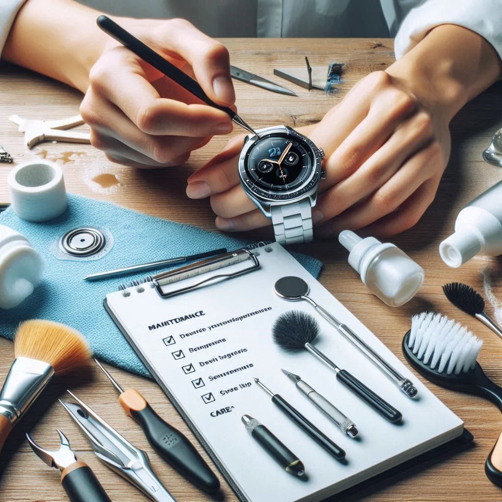 Professional image showing smartwatch maintenance in progress. A person carefully works on a smartwatch using precision tools, surrounded by brushes, pliers, tweezers, and cleaning supplies. A checklist labeled 'Maintenance' is visible on the table, emphasizing steps like cleaning and care for long-lasting smartwatch performance.