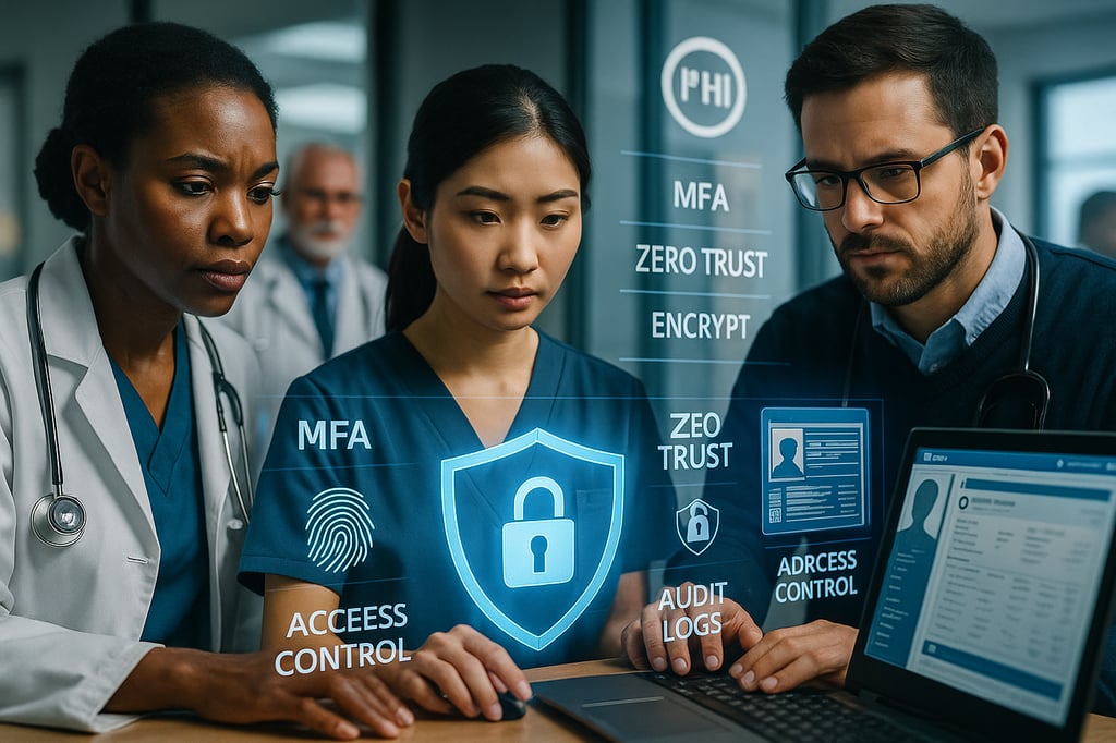Diverse team of clinicians reviewing an EHR while a transparent holographic interface shows a padlocked shield, MFA, Zero Trust, encryption, access control, and audit logs—illustrating cybersecurity practices to protect patient data in a hospital setting.