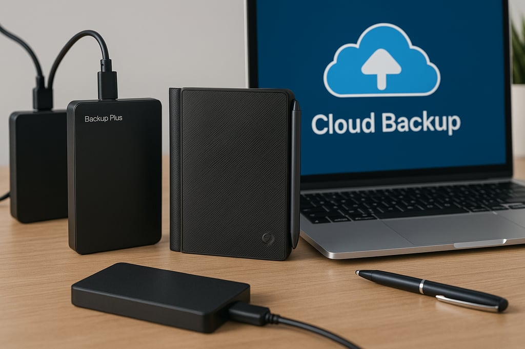 External hard drives placed neatly on a wooden desk beside a laptop displaying a cloud backup screen. The setup conveys modern data storage and backup solutions with both physical drives and cloud technology.