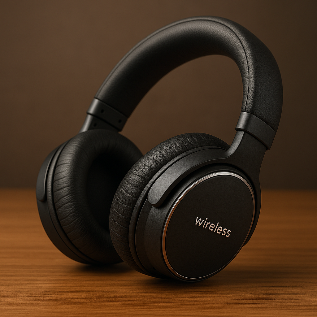 Ultra-realistic professional close-up of sleek black over-ear smart wireless headphones with a matte finish and cushioned ear cups, resting on a wooden surface with a warm brown background.