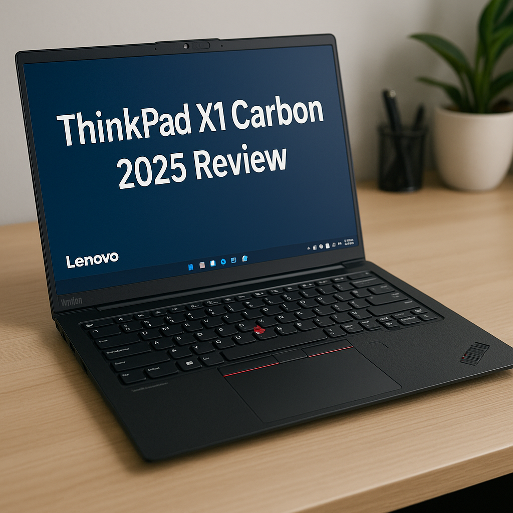 Lenovo ThinkPad X1 Carbon 2025 open on a wooden desk displaying the review title on its screen