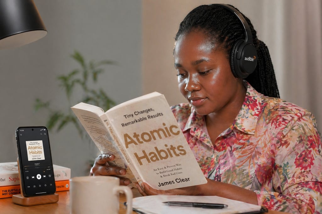 Woman listening to audiobook with headphones while reading a book, illustrating real experience of Audible vs traditional reading