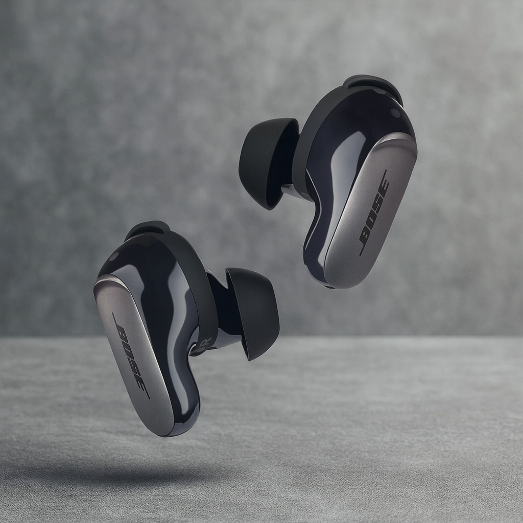 Bose QuietComfort earbuds shown on a professional gray textured background, highlighting their premium glossy finish and ergonomic in-ear design.