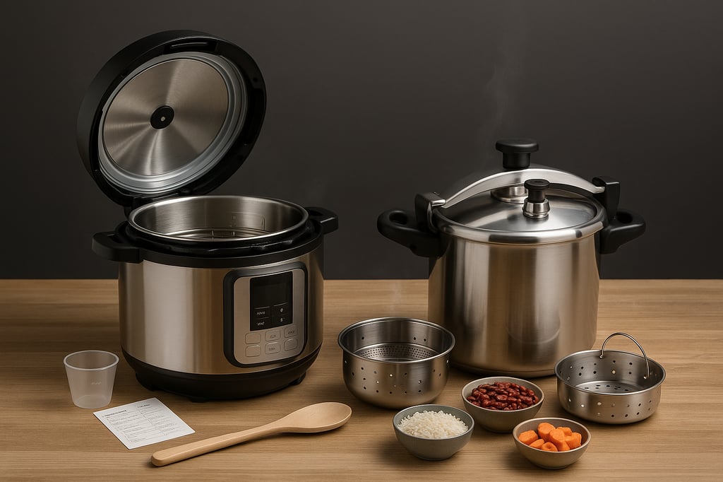 Two stainless-steel cookers on a wooden countertop: an electric multi-cooker with its lid open showing the steel pot, and a stovetop pressure cooker with lid locked; steamer baskets, a measuring cup, wooden spoon, and small bowls of rice, beans, and carrots are arranged in front against a clean dark-gray backdrop.