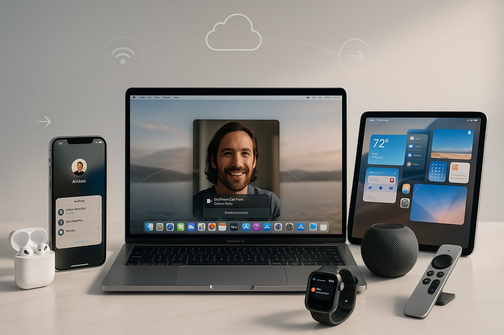 Ultra-realistic Apple ecosystem setup showing a MacBook, iPhone, iPad, Apple Watch, AirPods, and HomePod mini on a clean desk, illustrating seamless integration across Apple devices.