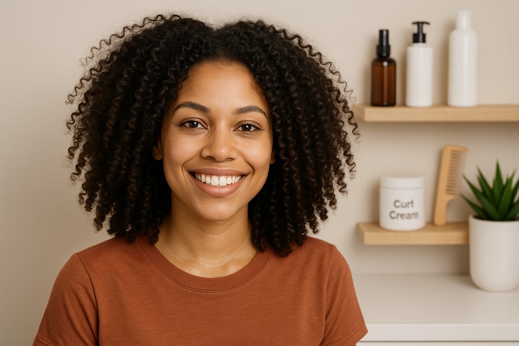 Portrait of a smiling woman with natural curly hair, sitting in a modern setting with shelves behind her holding curl cream, a wooden comb, and hair care bottles — representing curly hair care essentials.