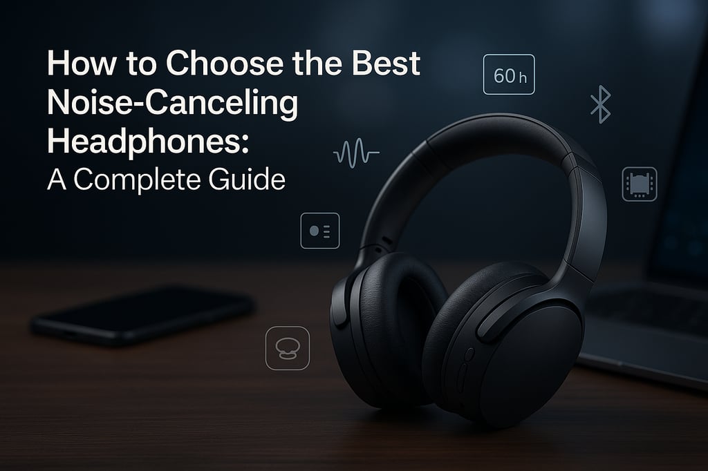 Matte-black noise-canceling over-ear headphones on a desk beside a laptop and phone — hero image for ‘How to Choose the Best Noise-Canceling Headphones: A Complete Guide’.