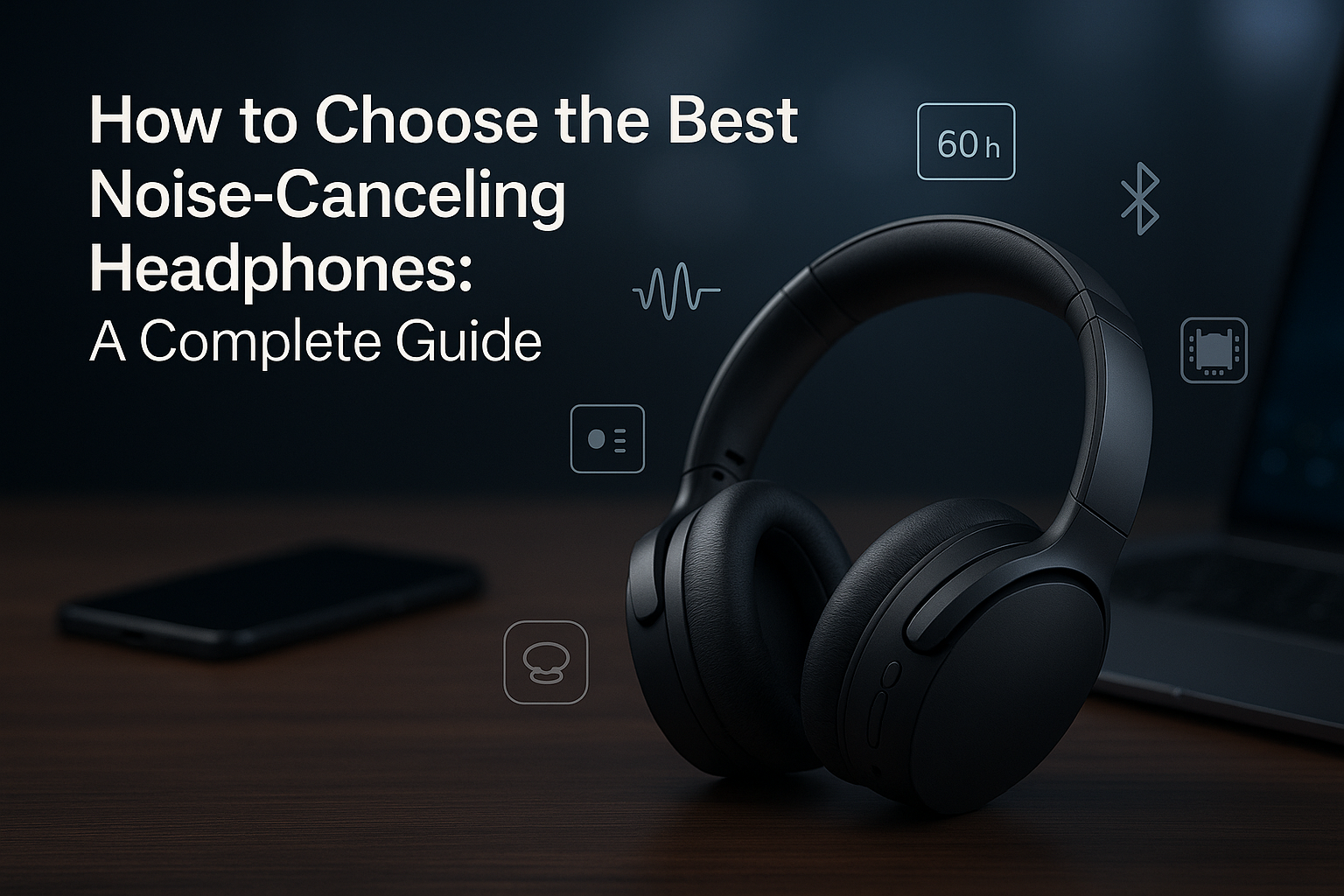 Matte-black noise-canceling over-ear headphones on a desk beside a laptop and phone — hero image for ‘How to Choose the Best Noise-Canceling Headphones: A Complete Guide’.