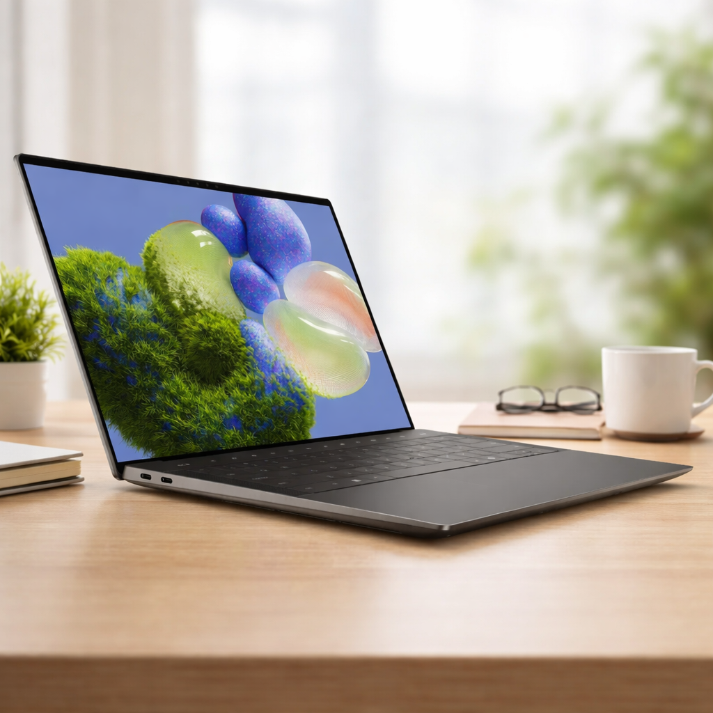 Dell XPS 14 laptop on a clean wooden desk with a modern home office background, showing its slim premium design and vivid display