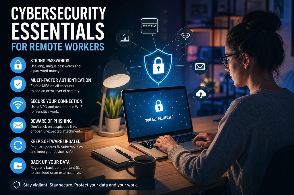 Cybersecurity essentials for remote workers showing VPN security, password protection, multi-factor authentication, and safe remote work practices