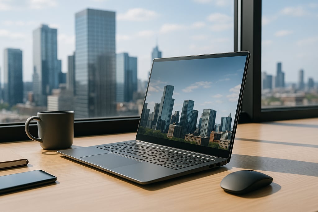 Thin-and-light ultrabook on a light wooden desk beside a wireless mouse, phone, and mug, with a clear city skyline visible through large windows and bright daytime light reflecting on the screen.