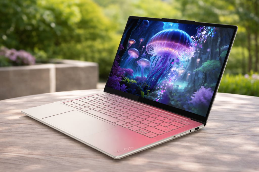Lenovo Yoga laptop on a wooden table with a realistic outdoor background and a vivid OLED display showing glowing jellyfish artwork