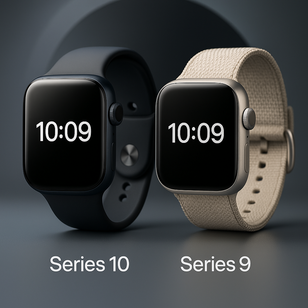 Apple Watch Series 10 and Series 9 side-by-side on a studio background—Series 10 with a larger edge-to-edge display and dark sport band, Series 9 in silver with a woven band.