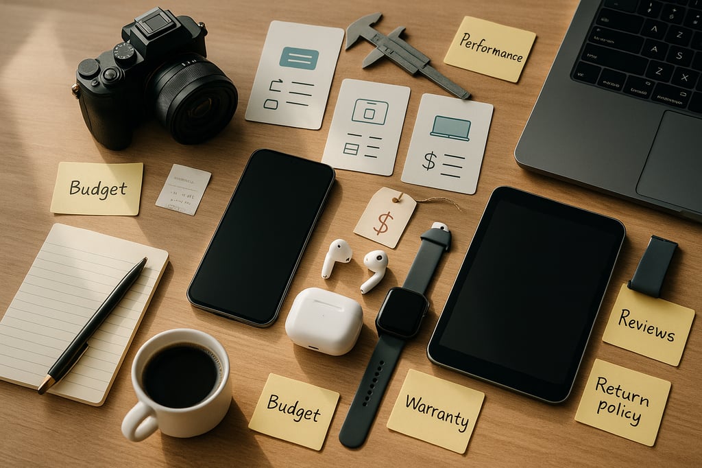 Flat-lay on a wooden desk illustrating 'How to Buy the Perfect Gadget': smartphone, tablet, true-wireless earbuds with case, smartwatch and extra strap, compact camera, laptop corner, price tag, caliper, comparison cards, coffee cup, and notepad, plus sticky notes labeled Budget, Performance, Warranty, Reviews, and Return policy.