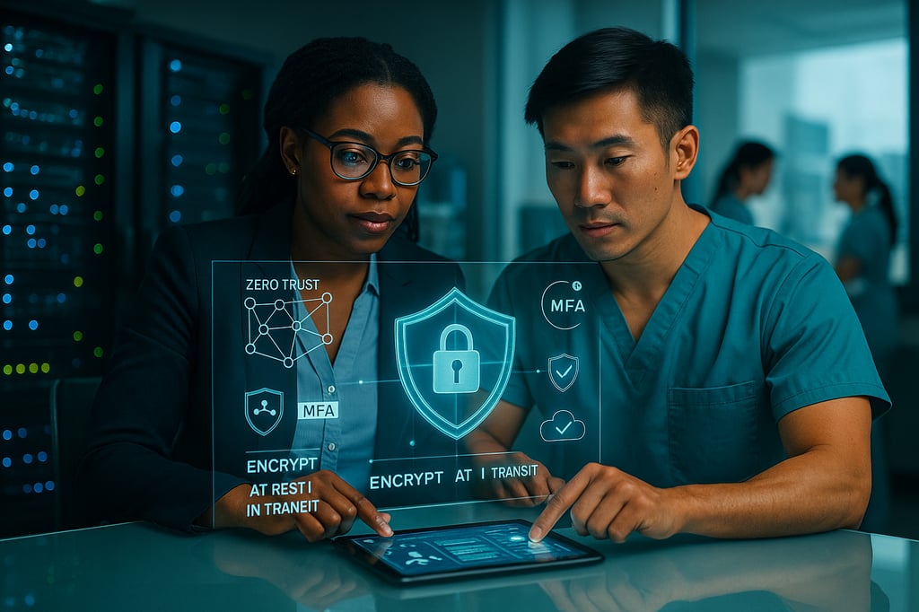 Two healthcare cybersecurity professionals—a woman in a navy blazer and a clinician in teal scrubs—review a tablet showing a holographic security dashboard with a padlocked shield, Zero Trust, MFA, and encryption at rest/in transit icons inside a hospital operations center.