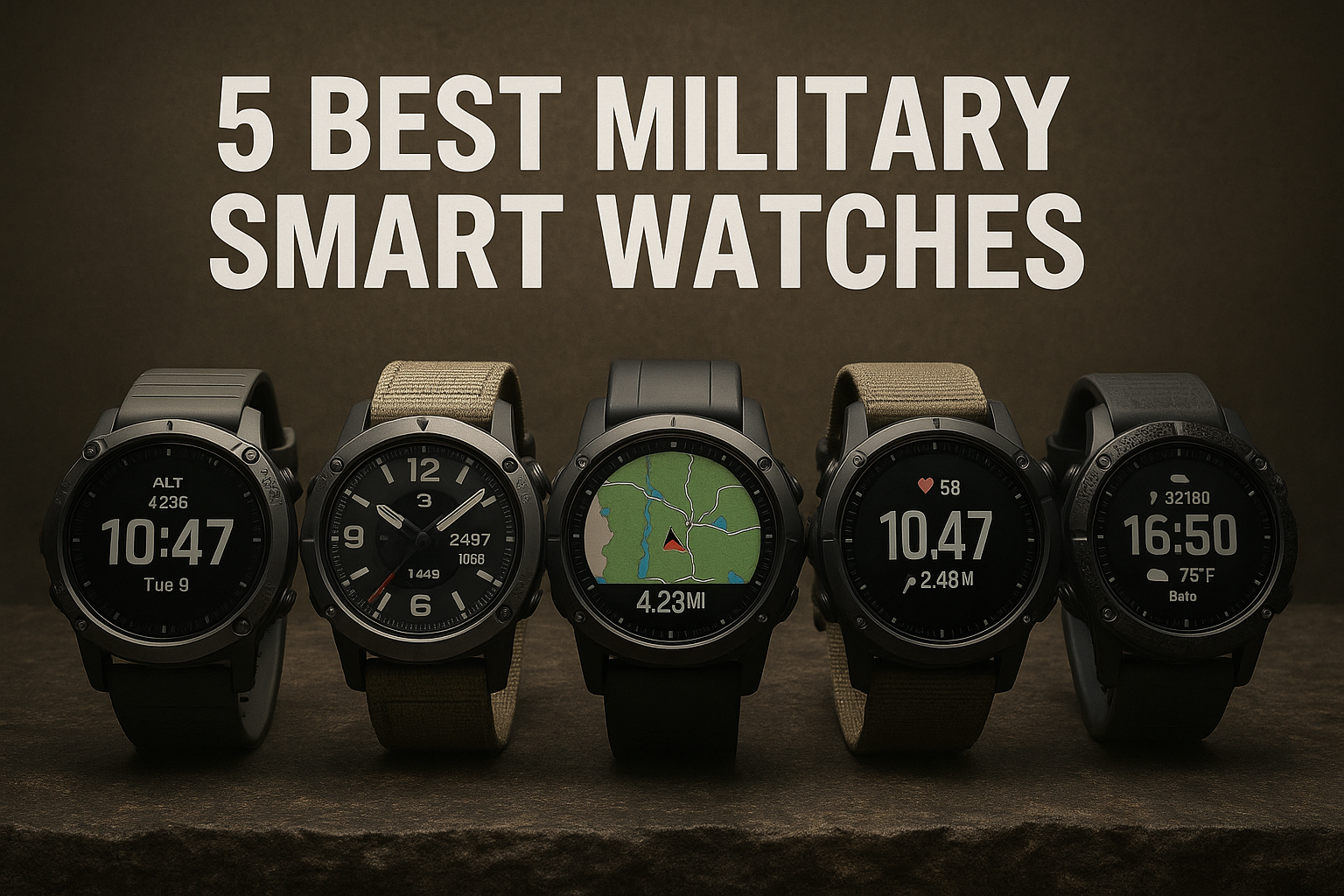 Ultra-realistic professional display of five best military smart watches arranged on a rugged stone surface with bold heading above.