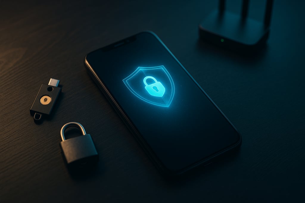 Close-up of a smartphone on a desk showing a glowing blue shield-and-padlock icon, with a USB security key, padlock, and a blurred Wi-Fi router—symbolizing mobile device security.