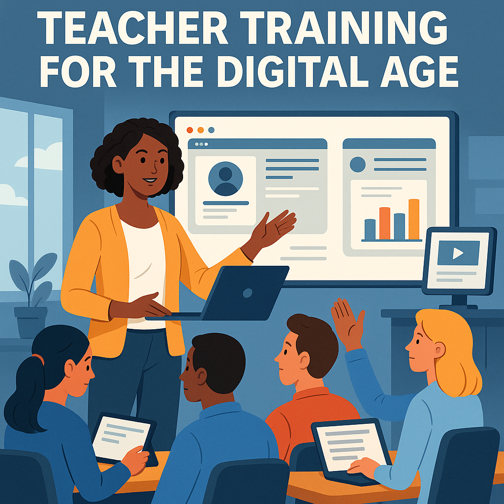 Digital illustration depicting teacher training for the digital age with educators engaging in a virtual learning environment using laptops and digital tools