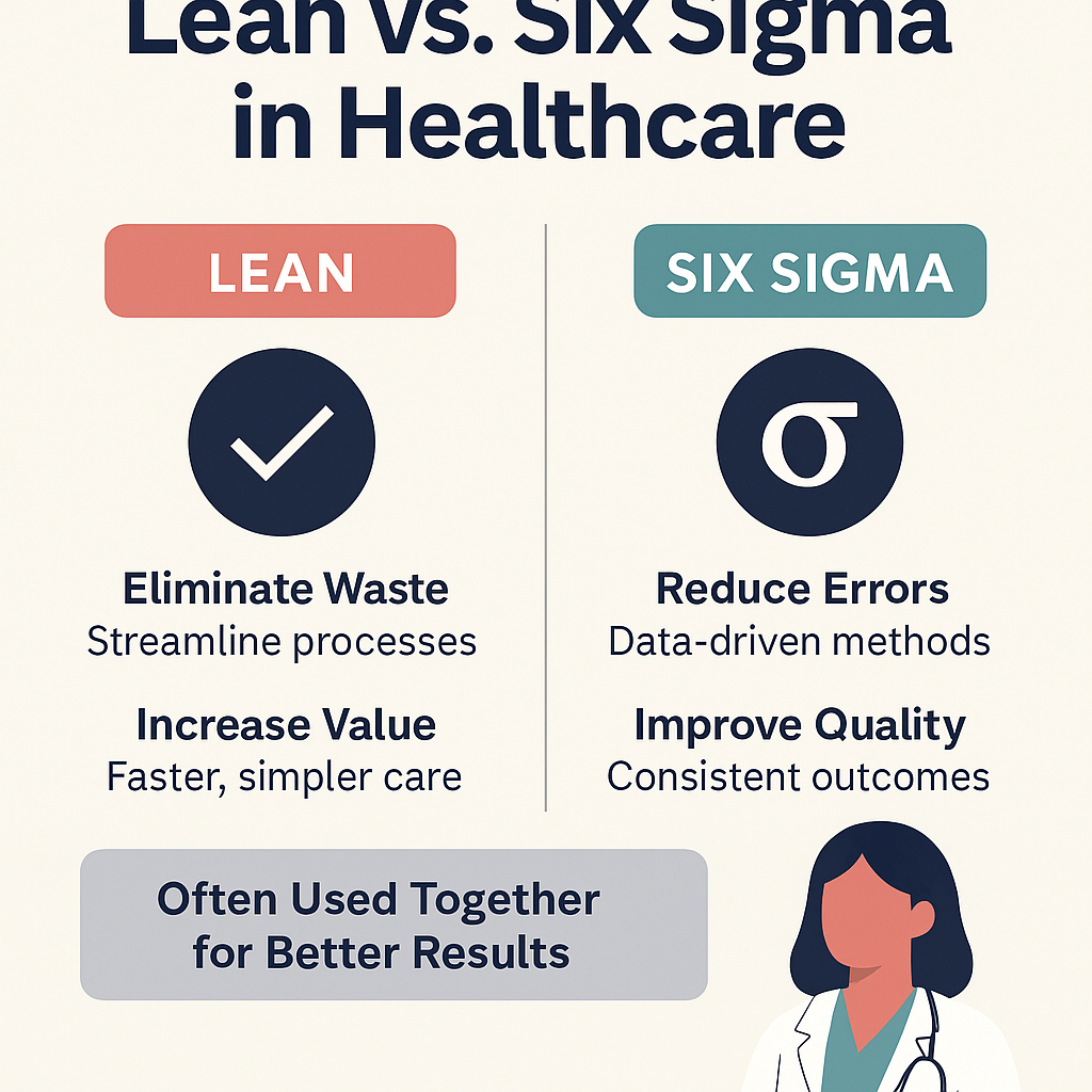 Infographic comparing Lean and Six Sigma in healthcare, highlighting waste elimination, process streamlining, error reduction, and quality improvement.