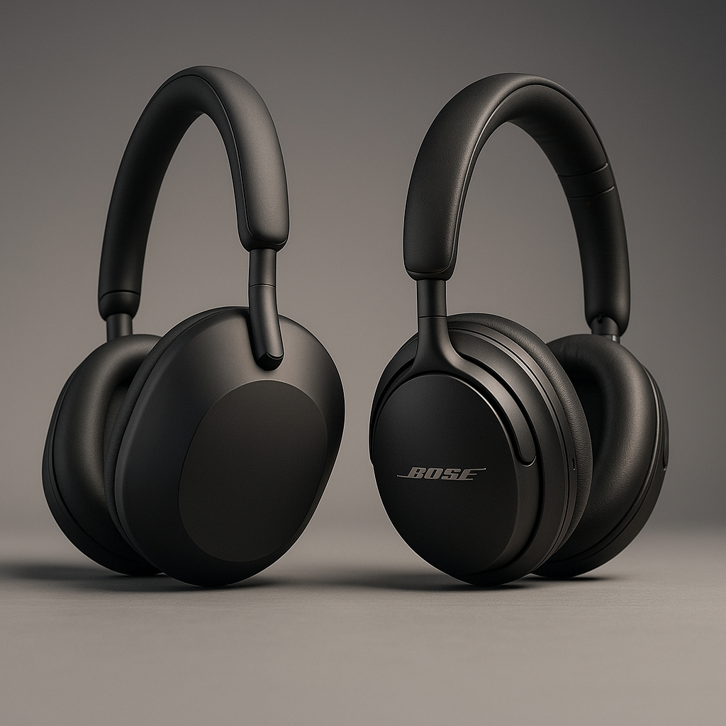 Ultra-realistic professional photo of Sony WH-1000XM5 and Bose QuietComfort Ultra headphones positioned side by side under soft studio lighting, highlighting their sleek design and premium finishes