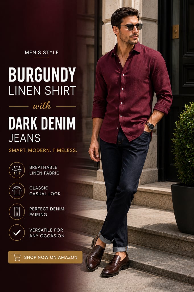 Men's burgundy linen shirt paired with dark denim jeans and brown loafers, showcasing a stylish smart casual outfit for modern men's fashion