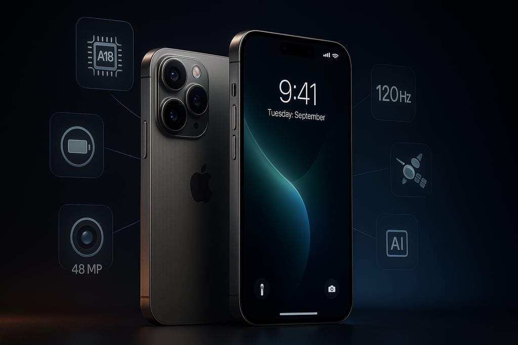Ultra-realistic iPhone 16 feature showcase: front display and rear triple-camera in soft studio lighting with floating icons for A18 chip, 48MP camera, 120Hz display, battery, satellite, and AI.