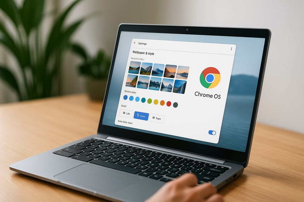 Chromebook on a light wooden desk showing Chrome OS “Wallpaper & style” settings, with wallpaper thumbnails and accent color options visible; soft natural light and blurred plants in the background.