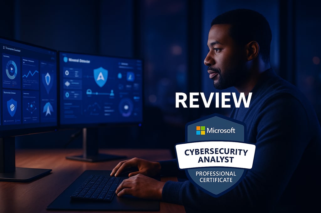 Nighttime workspace scene showing an African American cybersecurity analyst reviewing blue security dashboards on dual monitors, with the word “REVIEW” and a Microsoft Cybersecurity Analyst Professional Certificate badge overlaid.
