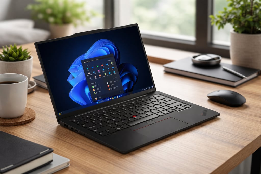 Lenovo ThinkPad X1 Carbon laptop on a realistic home office desk with a wooden surface, coffee mug, plants, notebook, and wireless mouse