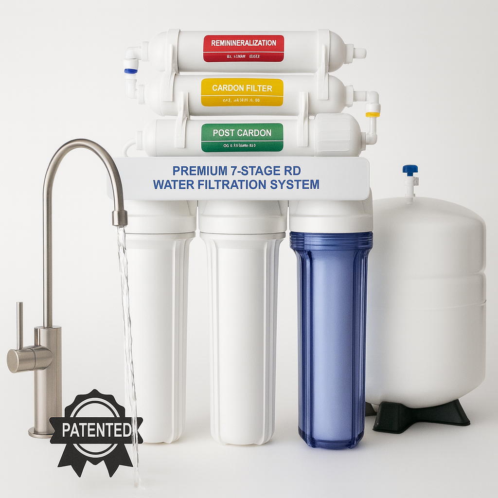 Premium 7-stage countertop reverse-osmosis water filtration system with sleek faucet, triple pre-filters, color-coded inline cartridges, and pressurized storage tank