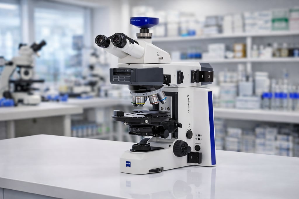 ZEISS Axioscope microscope on a lab bench with a realistic blurred laboratory background, showing binocular eyepieces, objective lenses, and a mechanical stage.