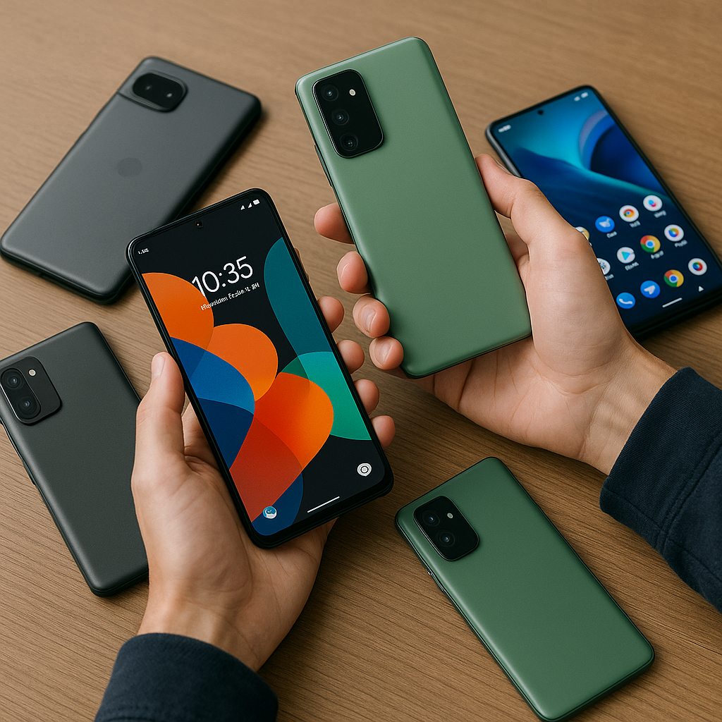 Person comparing several modern Android smartphones on a wooden desk, illustrating a hands-on review of the best Android phones of 2025.