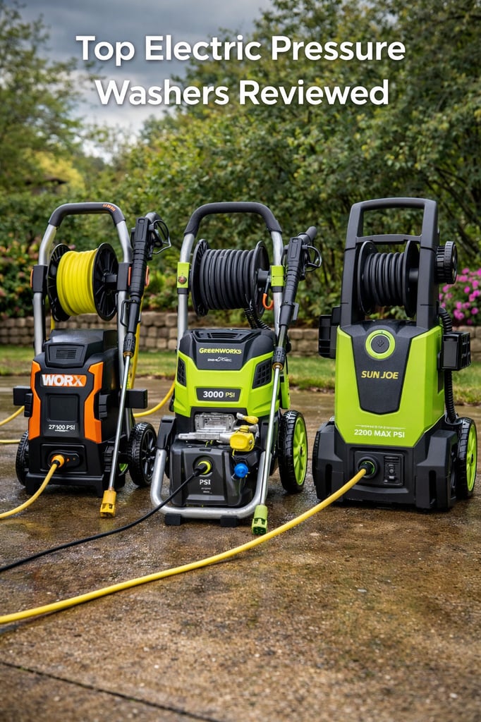 Ultra-realistic comparison lineup of top electric pressure washers on a wet driveway with garden background, featuring three different models with hose reels and spray wands, with headline text reading 'Top Electric Pressure Washers Reviewed'.