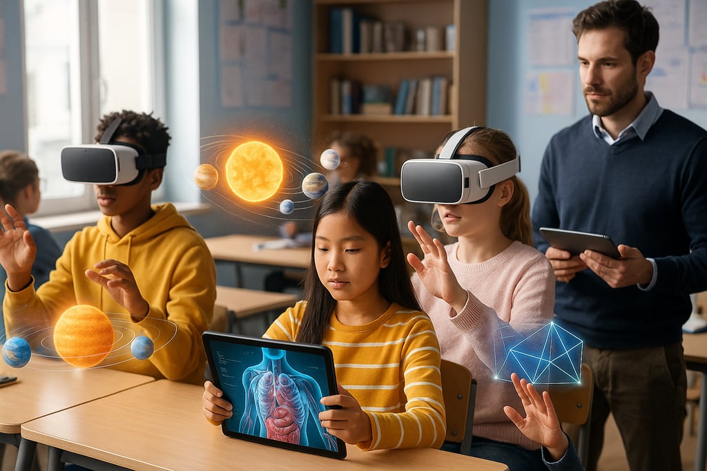 Students in a bright, modern classroom using VR headsets and an AR tablet to explore a 3D solar system, geometric models, and human anatomy while a teacher guides the activity.