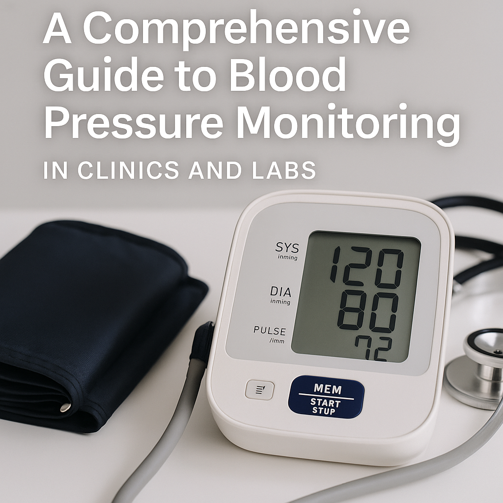 A digital blood pressure monitor displaying 120/80 with a stethoscope and cuff, representing a guide to blood pressure monitoring in clinics and labs