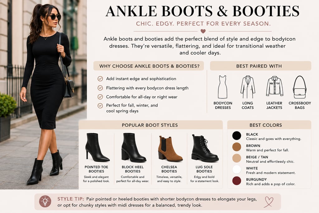 Ankle boots and booties infographic showing a bodycon dress styled with black ankle boots, popular boot styles, outfit pairings, and best colors