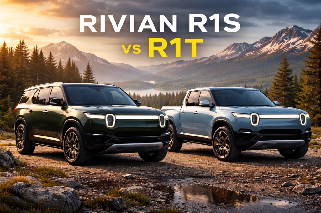 Rivian R1S SUV and Rivian R1T pickup parked side by side on a scenic mountain overlook at sunset, highlighting their signature LED light bars for a Rivian R1S vs R1T comparison.