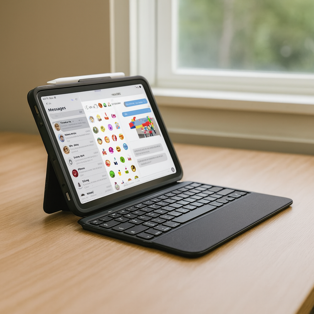 ZAGG Pro Keys with Trackpad keyboard case for tablet, displayed on a desk in a realistic professional setting with tablet screen on
