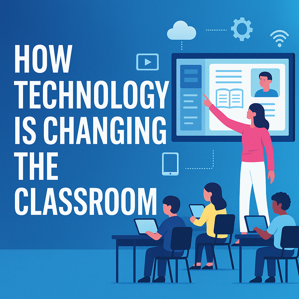 Illustration showing a teacher using a digital whiteboard while students engage with laptops and tablets, symbolizing how technology is transforming classroom learning