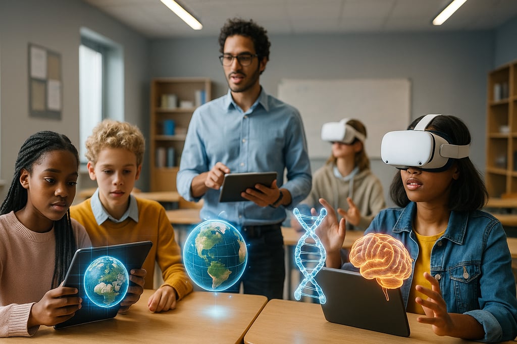 Students in a modern classroom using AR and VR: one views a glowing 3D Earth on a tablet, another explores a DNA helix and brain model in VR, while a teacher guides with a tablet.