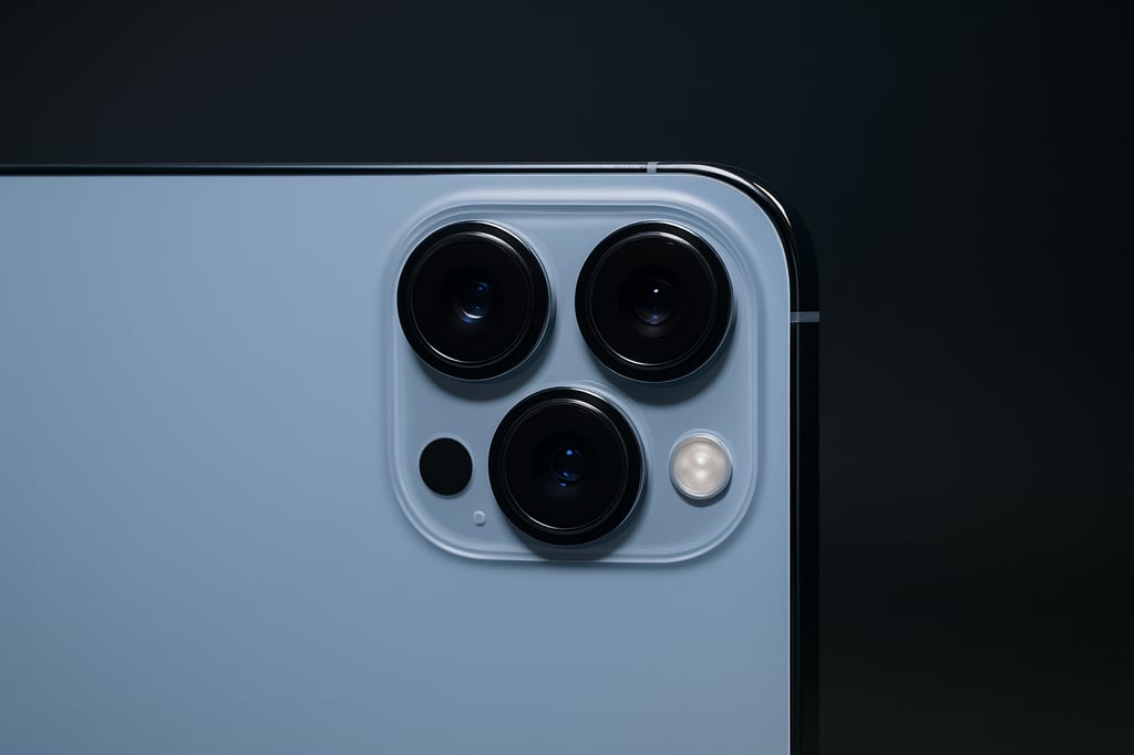 Close-up of the iPhone 13 Pro triple-camera module in Sierra Blue on a dark gradient background, showing three lenses, LiDAR scanner, and LED flash.