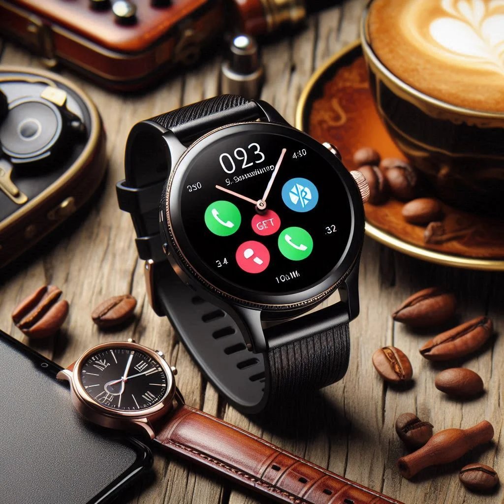 Stylish round smartwatch showing Bluetooth calling icons on screen, black strap, resting on a wooden table beside a coffee cup, coffee beans, and a classic analog watch.