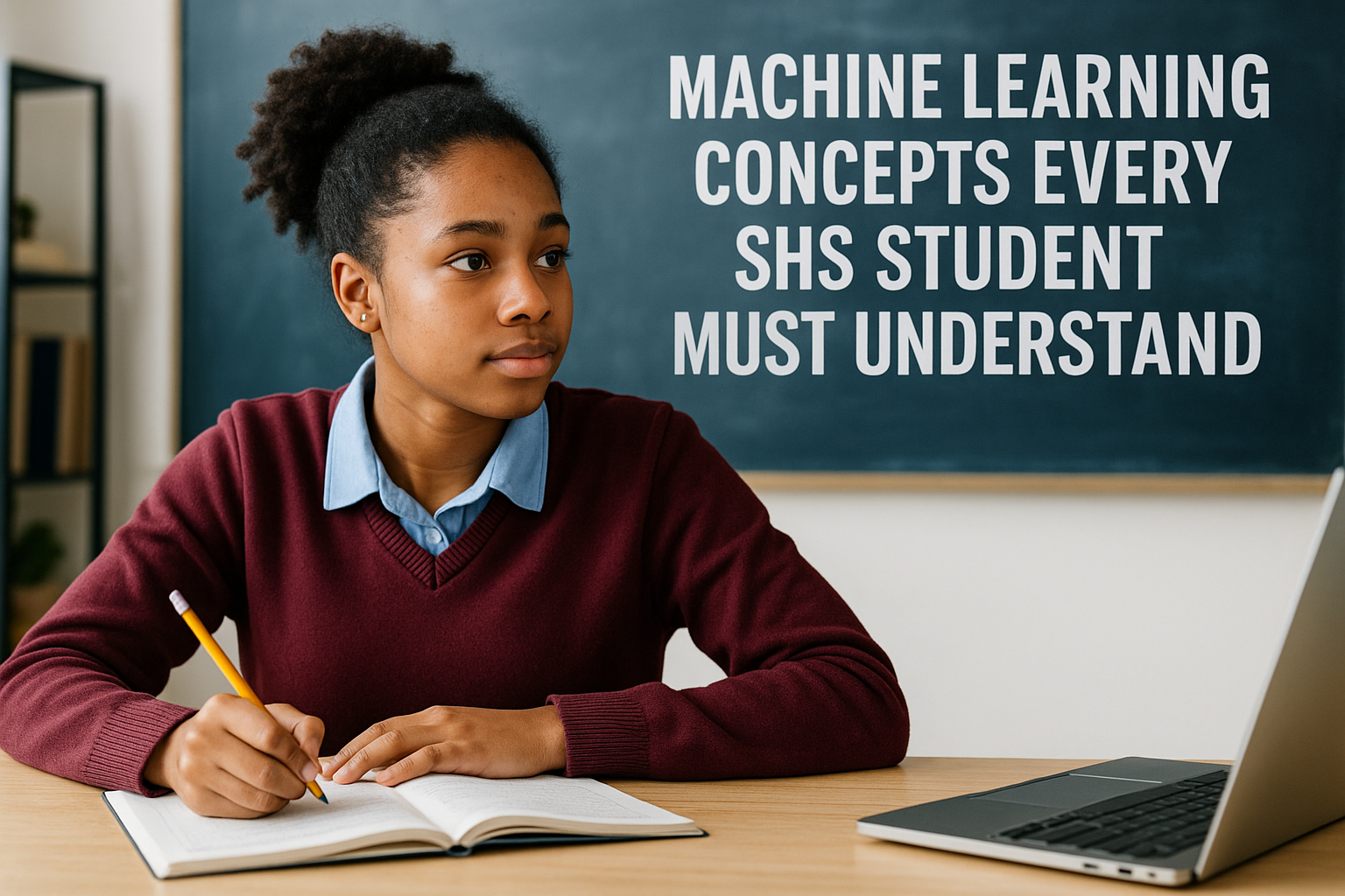 A focused SHS student in a burgundy sweater and blue collared shirt, writing in her notebook in a classroom. Behind her, a chalkboard displays the text ‘MACHINE LEARNING CONCEPTS EVERY SHS STUDENT MUST UNDERSTAND’.