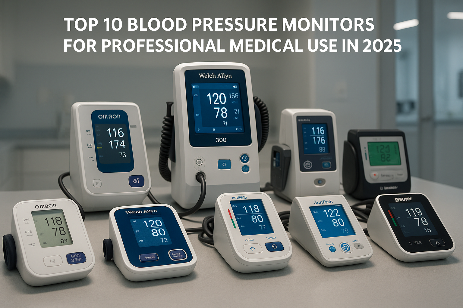 Top 10 blood pressure monitors for professional medical use in 2025 arranged neatly on a countertop in a modern clinical setting, each displaying precise readings