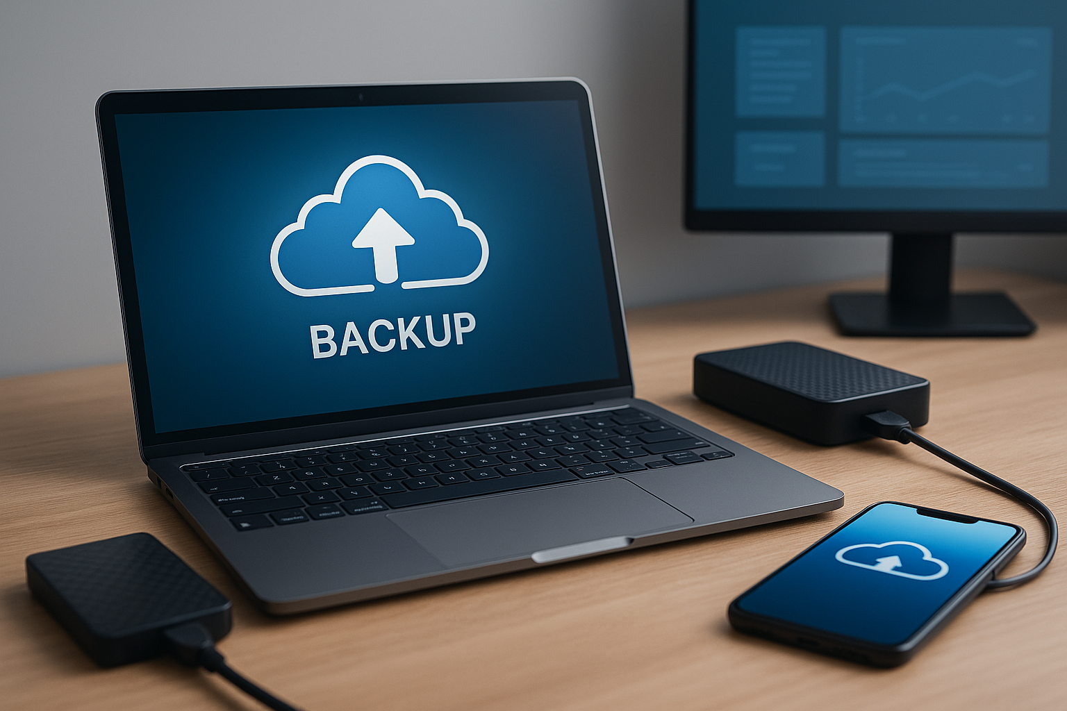 Laptop, external hard drives, and smartphone on a desk, all displaying a cloud upload symbol—illustrating modern cloud backup solutions for data security.