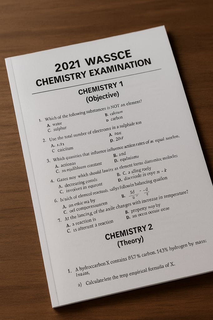 Ultra-realistic professional image representing the 2021 WASSCE Chemistry Examination with exam booklets and stationery on a desk
