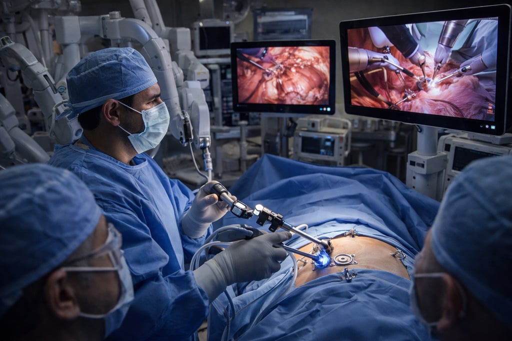 Surgeons perform minimally invasive robotic-assisted surgery in a modern operating room, with laparoscopic instruments and live procedure images displayed on medical monitors.
